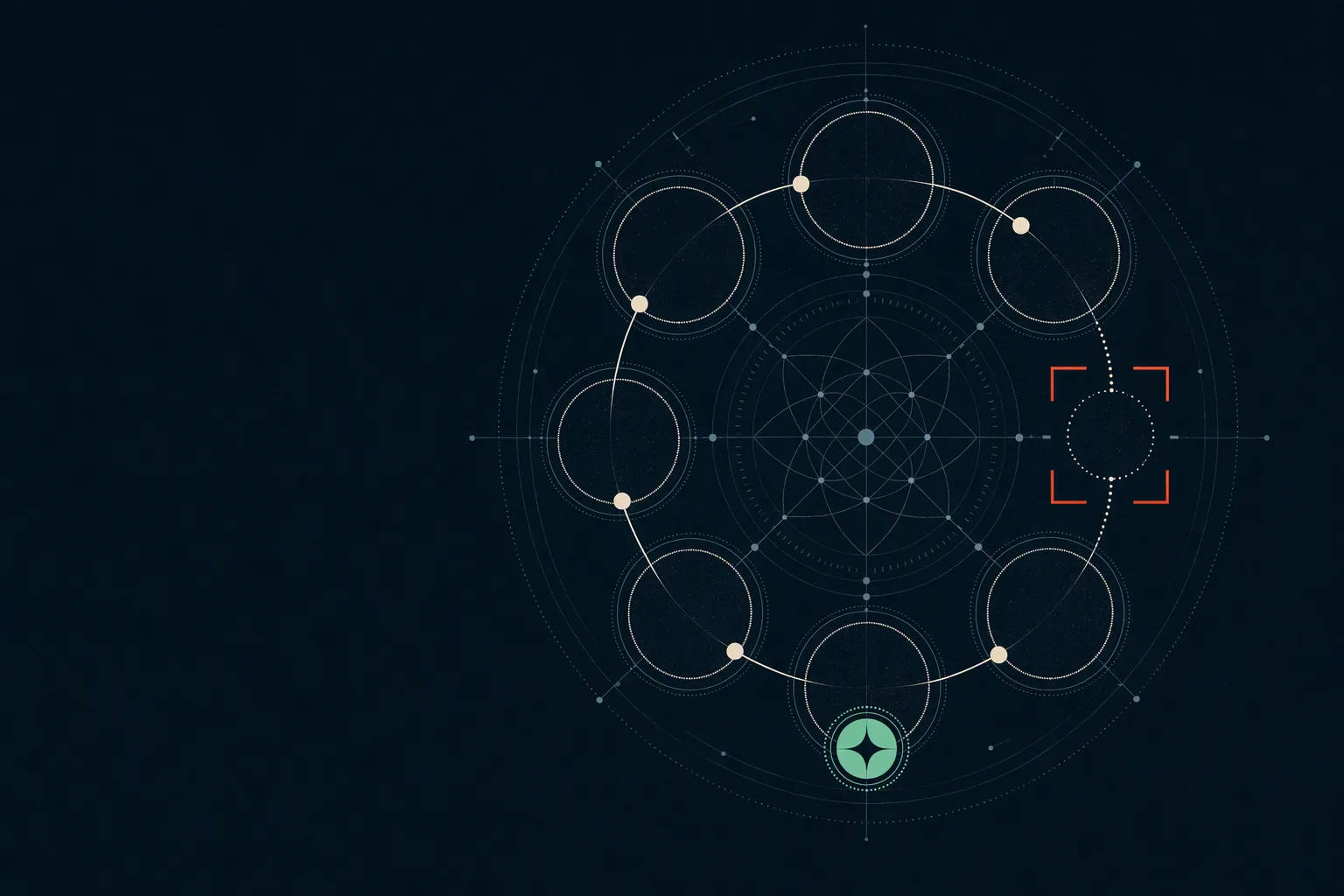 Seven geometric run orbits with one missing receipt highlighted by a vermilion locator.